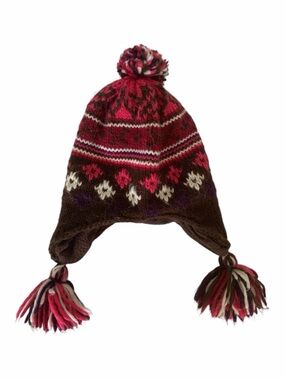 Knit Fleece Lined Hat Youth Size 4-7 Pink Brown White Ear Flap Pom Pom Tassels